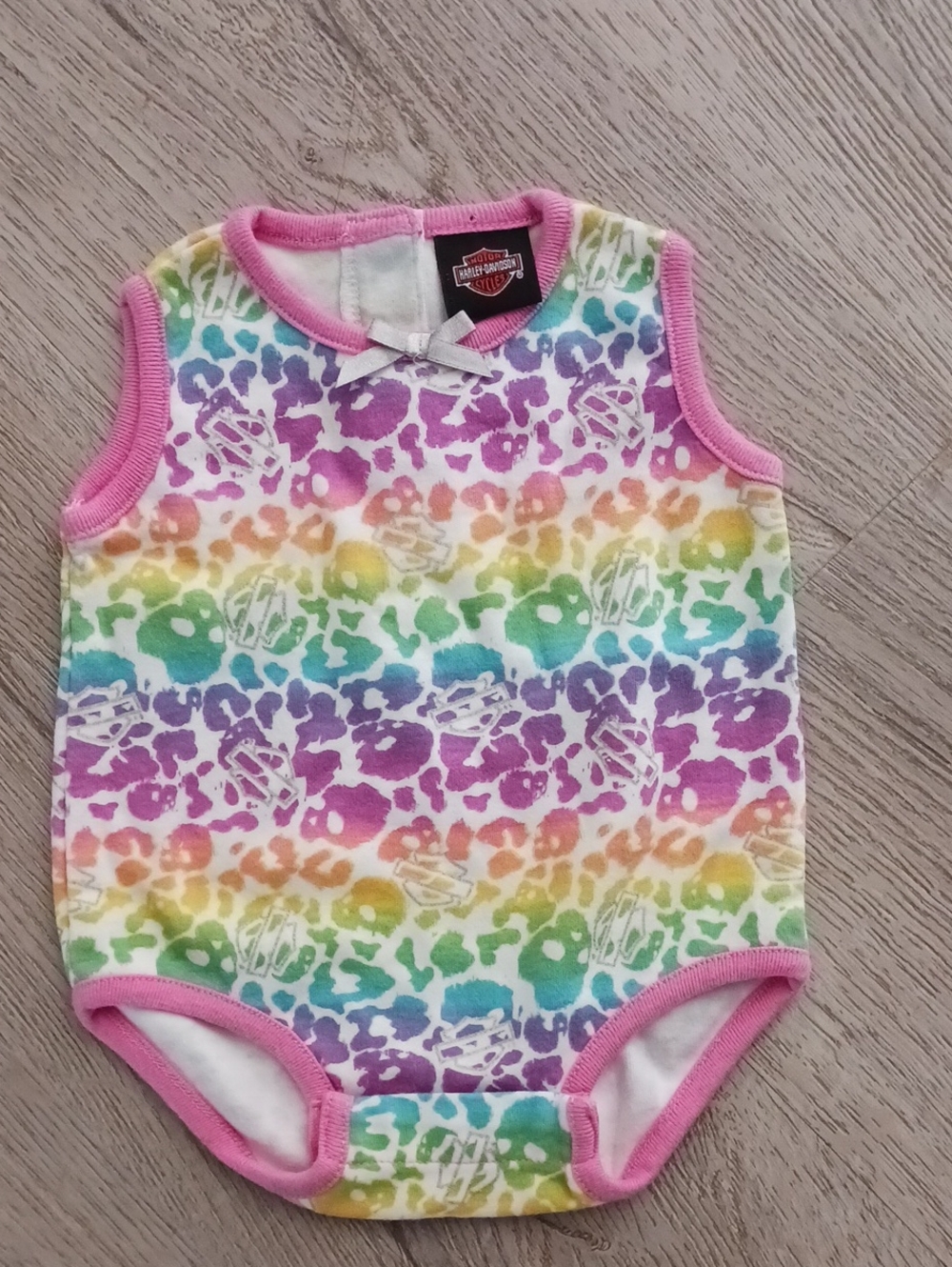 Harley-Davidson Rainbow Leopard Sleeveless Baby One-Piece with Pink Trim